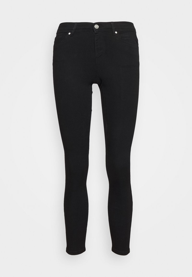 Jean noir slim fit avec bouton sur le devant, fermeture éclair et design cinq poches, présenté sur fond blanc.