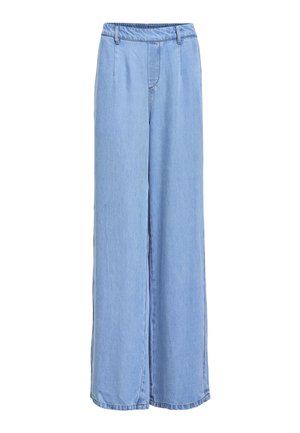 Hellblaue Jeanshosen mit weitem Bein und elastischem Bund, versehen mit vorderen Taschen, gerader Silhouette und leicht abgedunkeltem Finish.