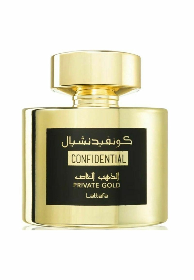 Guldflaska med Lattafa-parfym, med en rund svart etikett som har vit text "CONFIDENTIAL" och "PRIVATE GOLD." Snygg, blank yta.