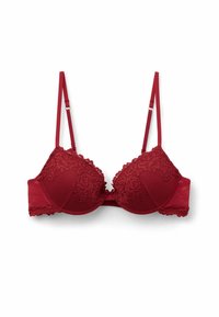 Rote BH mit Spitzenakzenten, gepolsterten Cups und strukturiertem Design. Verstellbare Träger und ein glatter Rückenband für Unterstützung.