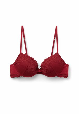 Rote BH mit Spitzenakzenten, gepolsterten Cups und strukturiertem Design. Verstellbare Träger und ein glatter Rückenband für Unterstützung.