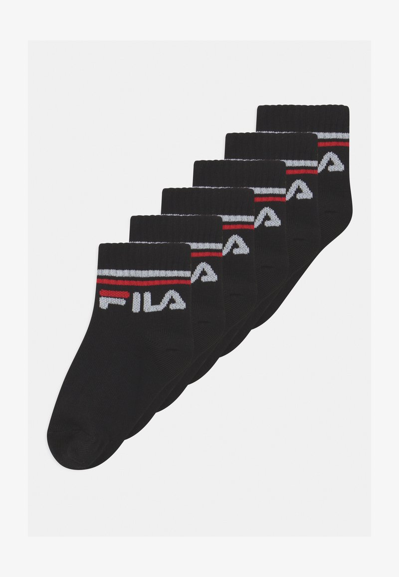 Meias de algodão pretas até ao tornozelo, seis pares, com punho canelado, riscas brancas e vermelhas, e um logo branco da FILA de lado.