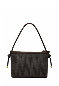 Borsa a tracolla intrecciata marrone con motivo a zigzag, chiusura con zip e un manico singolo. Presenta dettagli annodati e hardware in tonalità dorata.