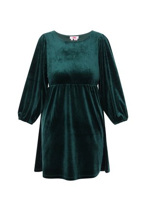 Roheline sametkleit pikade, puhvärviliste varrukatega, ümmarguse kaelusega, impeeriumi vöökohaga ja lehvitud siluetiga, millel on sile ja pehme tekstuur.