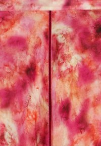 Pink and orange tie-dye fabric with a soft texture; features a central seam and abstract patterns created by color blending.