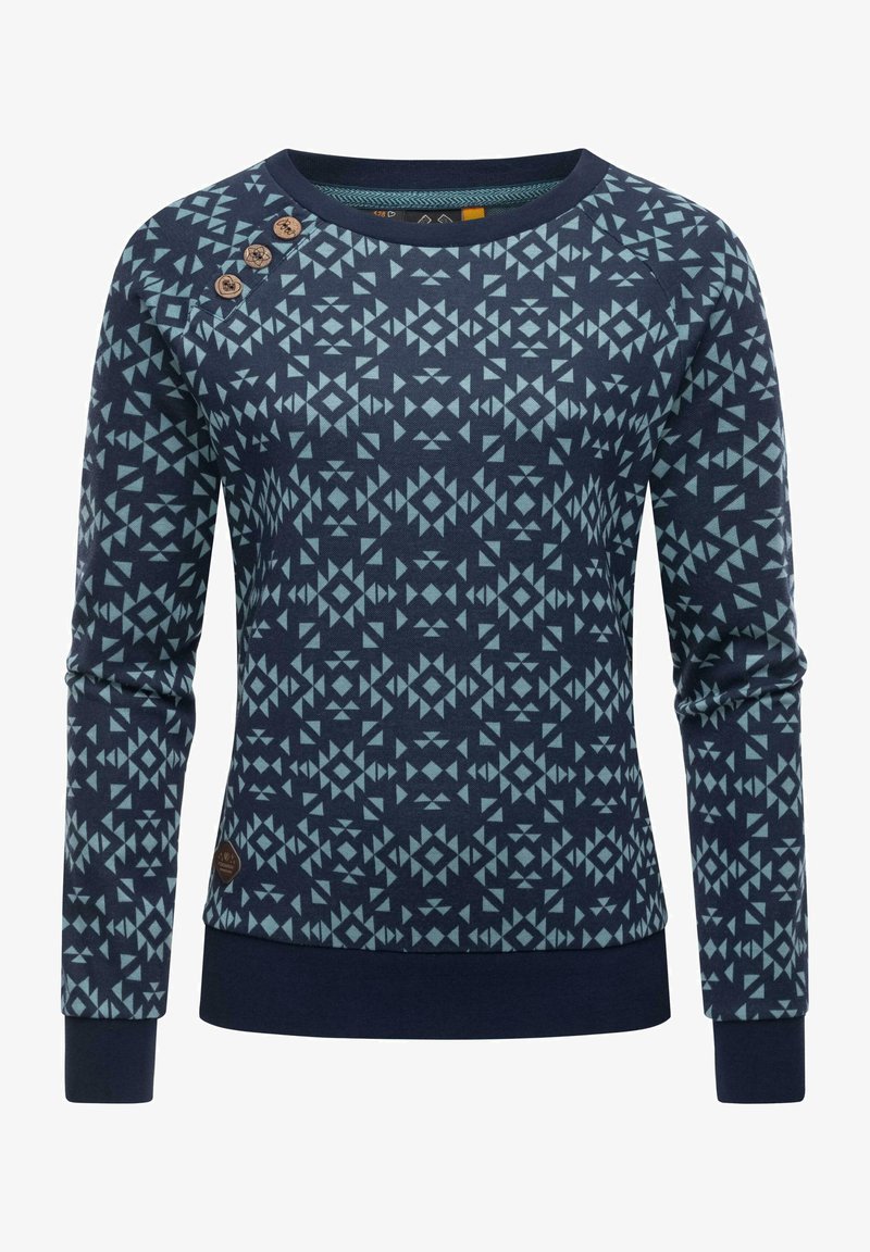 Navyblaues Sweatshirt mit geometrischem, hellblauem Muster, rundem Halsausschnitt und drei Holzknöpfen an der linken Schulter. Mit Bündchen an den Ärmeln.
