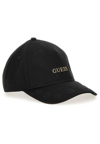 Sort bomulds baseball cap med hævet guld "GUESS" logo, broderede detaljer på visor og en struktureret krone.
