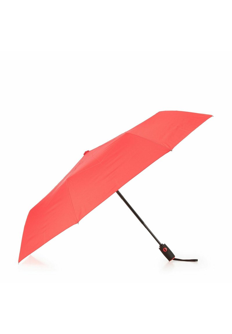 Parapluie rouge avec un manche métallique noir, doté d'une poignée courbée et d'un design compact. La toile est lisse et uniforme en couleur.