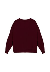 Burgundowa bluza z długimi rękawami, okrągłym dekoltem oraz ściągaczami w mankietach i na dole. Gładka faktura, prosta forma, bez wzorów czy dodatków.