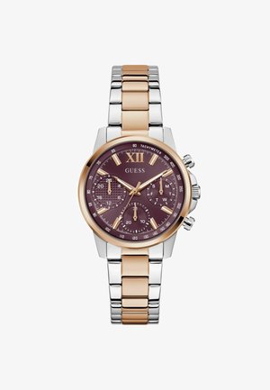 Chronograph watch with a maroon dial, gold and silver stainless steel band, featuring bold hour markers and sub-dials for time tracking.