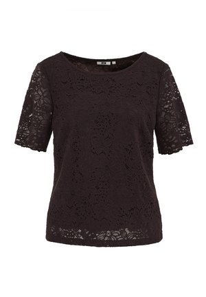Blusa nera in pizzo a maniche corte con motivo floreale e scollo rotondo, semi-trasparente su maniche e orlo.
