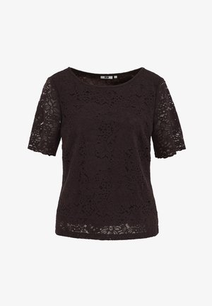 Mustast lühikeste varrukatega pitspluus lillemustriga ja ümmarguse kaelusega, poolläbipaistev varrukatel ja äärel.