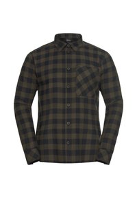 Chemise à carreaux verte et noire à manches longues avec un boutonnage sur le devant, un col évasé et une poche poitrine sur le côté gauche. La texture du tissu semble douce.