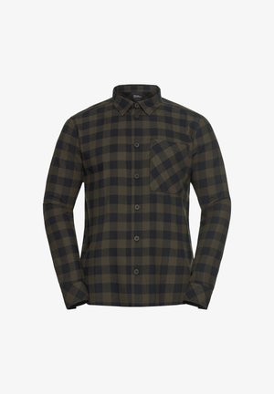 Groen en zwart geruit overhemd met lange mouwen, knoopsluiting aan de voorkant, gespreide kraag en een borstzak aan de linkerkant. De stof lijkt zacht.