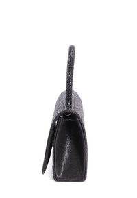 Borsa a mano strutturata nera con una texture scintillante, dotata di una maniglia corta e un design a pieghe. Fodera interna liscia visibile.