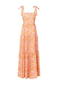 Robe maxi florale avec un décolleté carré, des bretelles à nouer et un design à volants en couches dans des teintes de rose, orange et jaune sur un tissu léger.