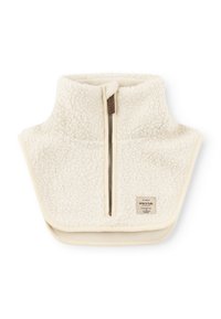 Fleece Halswärmer in crema mit einem halben Reißverschluss, strukturiertem Stoff und einem Markenlabel auf der Vorderseite.