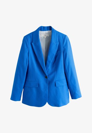 Heller blauer Leinenblazer mit einem schwarzen Knopf, Revers mit Kerbe und Pattentaschen, vor weißem Hintergrund dargestellt.