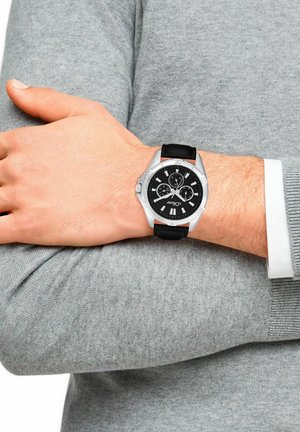 Schwarz Uhr mit Gehäuse aus silbernem Edelstahl, schwarzem Lederarmband, runder Form, schwarzem Zifferblatt mit weißen Markierungen, drei Nebenuhren, wasserdicht.