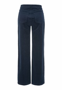 Wide-leg navy corduroy trousers with a high waist, featuring two back pockets and a soft texture.
