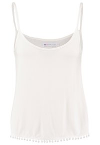 Top bianco senza maniche con spalline sottili, scollatura rotonda e taglio dritto. Presenta un bordo testurizzato con piccole pompon al fondo.