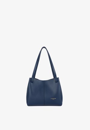 Sac à main en cuir bleu marine avec double sangle d'épaule et petit logo doré "Lancaster Paris" au centre avant.