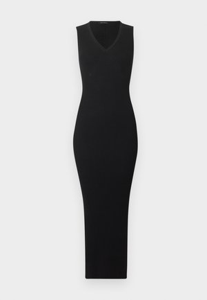 Fekete ujjatlan bordázott kötött midi ruha V-nyakkivágással, testhezálló szabással és finom texturált mintával elöl.