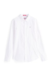 Camicia bianca in cotone con bottoni, maniche lunghe, colletto a punta e un piccolo logo sul lato sinistro del petto. Texture liscia, vestibilità classica.