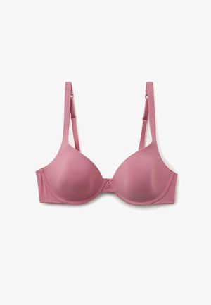 Soutien-gorge rembourré rose avec bretelles réglables, bonnets sans coutures et tissu lisse. Présente un design simple et une fermeture à agrafes dans le dos.