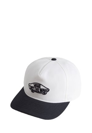 Witte en zwarte Vans baseballpet met geborduurd "Vans Off The Wall" skateboardlogo op het voorpaneel en een zwarte klep.