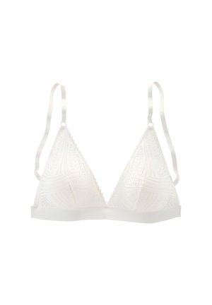 Weißer triangulärer Bralette mit Spitzenverzierungen, verstellbaren Satinschlaufen und einem weichen Unterband. Das Material weist geometrische Muster auf.