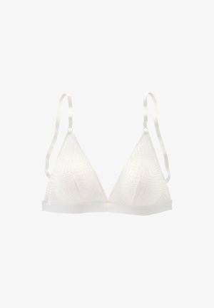 Weißer triangulärer Bralette mit Spitzenverzierungen, verstellbaren Satinschlaufen und einem weichen Unterband. Das Material weist geometrische Muster auf.