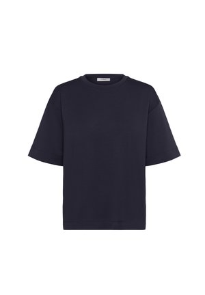 T-shirt bleu marine à manches courtes en coton, avec un col rond et une coupe décontractée. Texture lisse avec des coutures minimales et un design épuré.