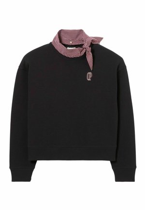 Sweatshirt noir à coupe courte et manches longues. Équipé d'un col en bandana à motifs carreaux rouges et blancs et d'un petit logo brodé.