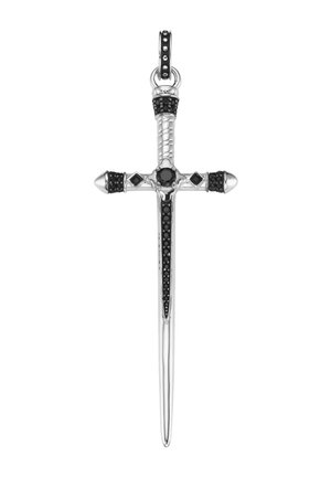 Silver sword-shaped pendant with black stones on the hilt, crossguard, and handle, featuring a loop for attaching to a chain.