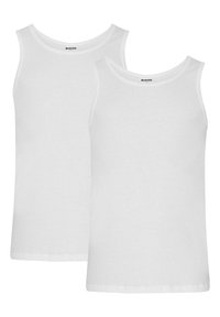 Two white cotton tank tops with a ribbed texture, featuring round necklines and no sleeves. The fabric is smooth, lightweight, and plain.