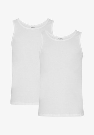 To hvide bomulds tanktoppe med ribbet struktur, der har rund halsudskæring og ingen ærmer. Stoffet er glat, let og ensfarvet.