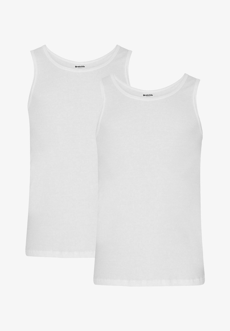 Two white cotton tank tops with a ribbed texture, featuring round necklines and no sleeves. The fabric is smooth, lightweight, and plain.
