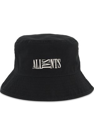 Chapeau bob noir avec large bord et texte déformé brodé en blanc ""ALL SAINTS"" sur le devant.