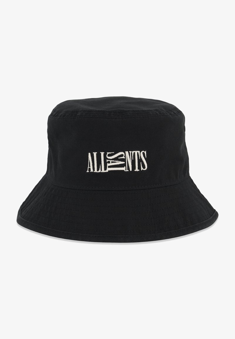 Chapeau bob noir avec large bord et texte déformé brodé en blanc ""ALL SAINTS"" sur le devant.