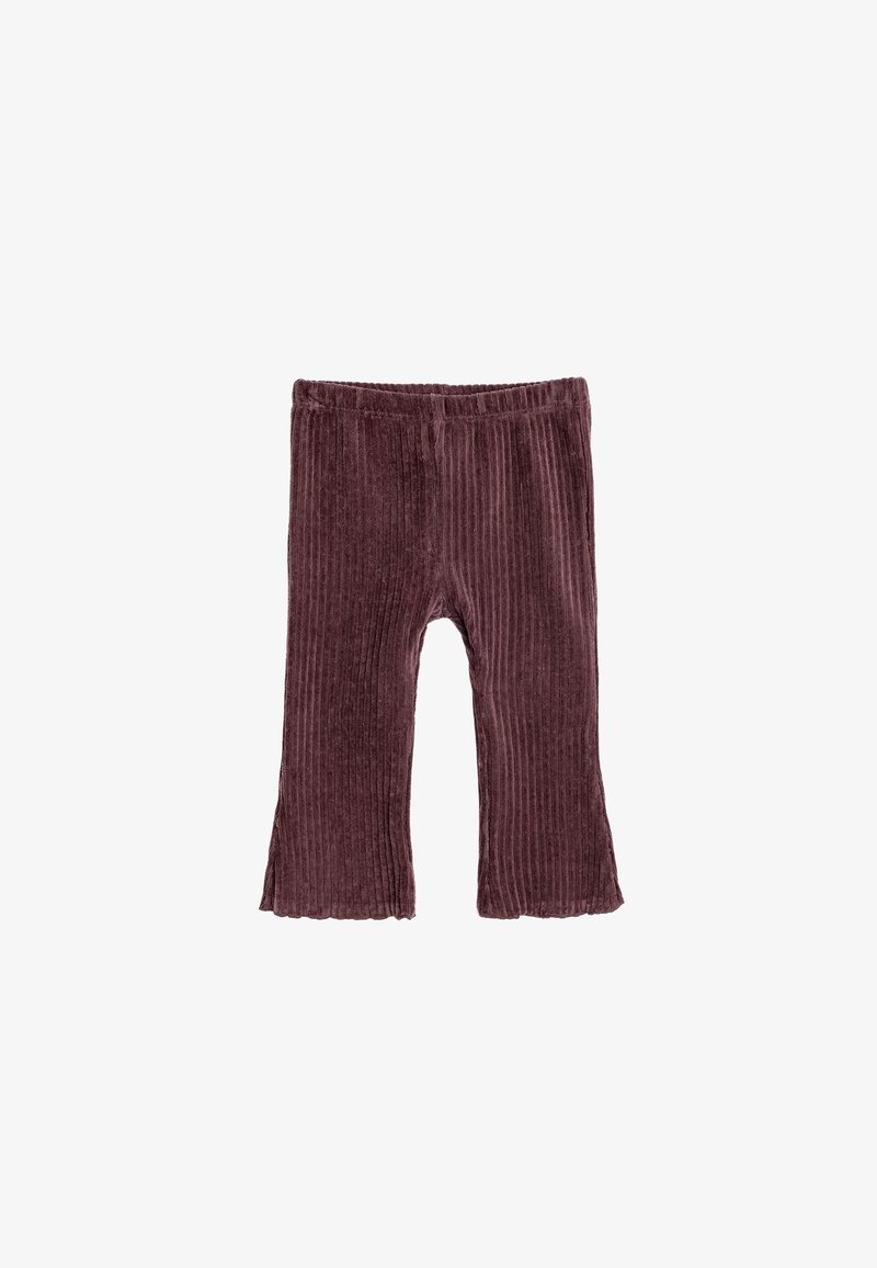 Pantalon pour tout-petit doux et côtelé de couleur mauve foncé, avec une taille élastique et des jambes légèrement évasées, posé à plat sur un fond blanc.