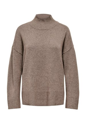 Pull en maille marron à manches longues, col montant côtelé, poignets côtelés et coupe ample, présenté sur fond blanc.