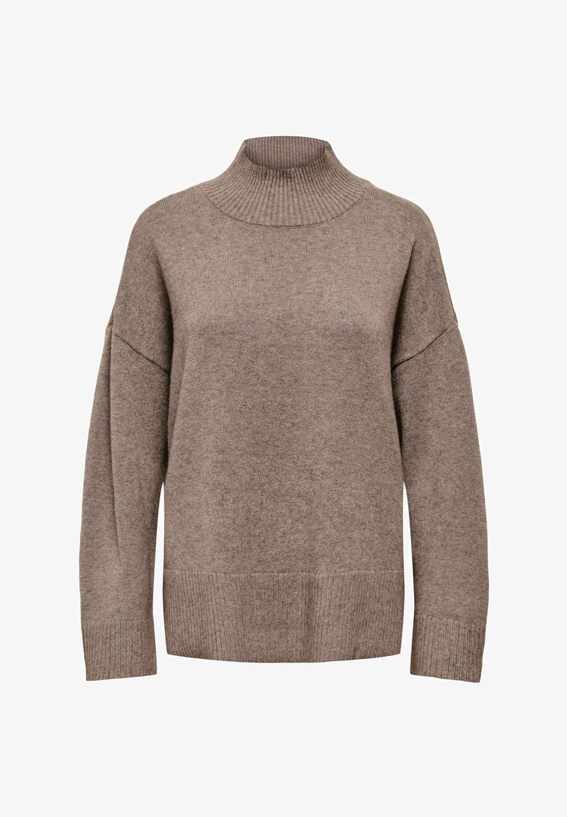 Pull en maille marron à manches longues, col montant côtelé, poignets côtelés et coupe ample, présenté sur fond blanc.
