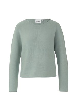 Jasnozielony sweter z dzianiny z długim rękawem, o okrągłym dekolcie i lekko przyciętym kroju.