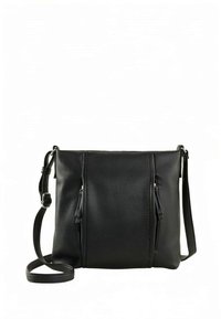 Mustast nahast õlakott tekstuurse pinnaga, kahe esiküljel lukuga tasku, reguleeritava rihmaga ja minimalistliku disainiga.