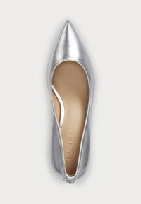 Metallic silver pointed-toe flat shoe with a smooth texture, open sides, and a beige interior. Features embossed brand logo on insole.