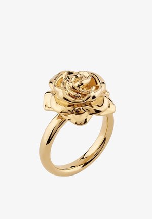 Goldener Metallring in Form einer Rose, mit detaillierten Blütenblättern und einer glatten, polierten Oberfläche. Der Ring ist schlicht und rund.