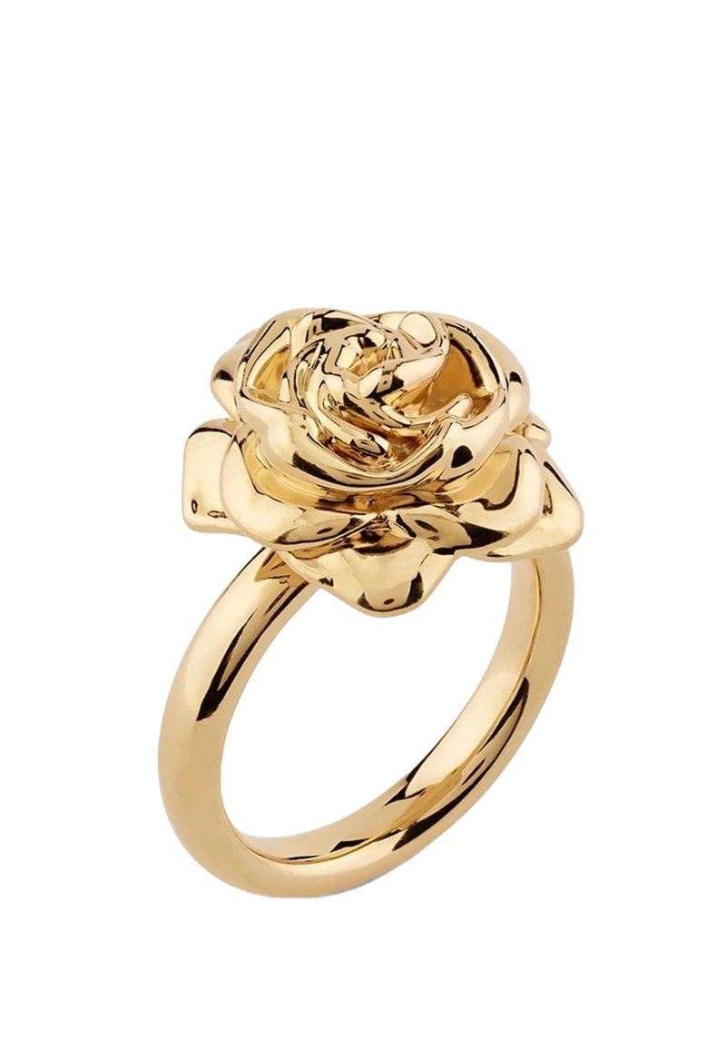Goldener Metallring in Form einer Rose, mit detaillierten Blütenblättern und einer glatten, polierten Oberfläche. Der Ring ist schlicht und rund.