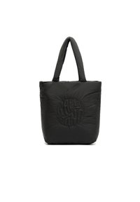 Sac fourre-tout noir matelassé avec deux poignées, présentant un logo « plante verte » en relief à l'avant. Texture douce, forme rectangulaire.