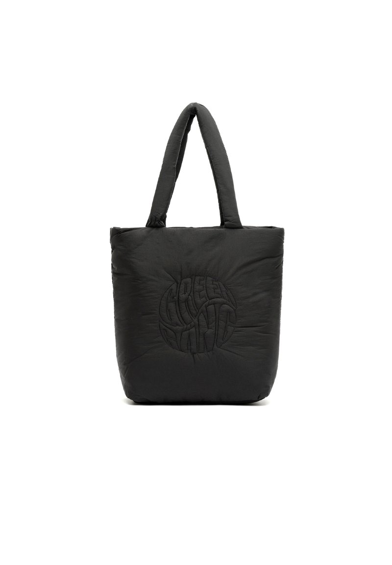 Sac fourre-tout noir matelassé avec deux poignées, présentant un logo « plante verte » en relief à l'avant. Texture douce, forme rectangulaire.